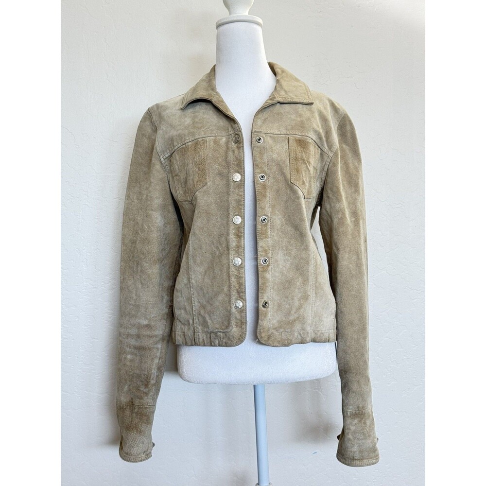 Live A Little Women's M 100% Leather Jacket, Beige Suede, Full Zip, Poly Lined